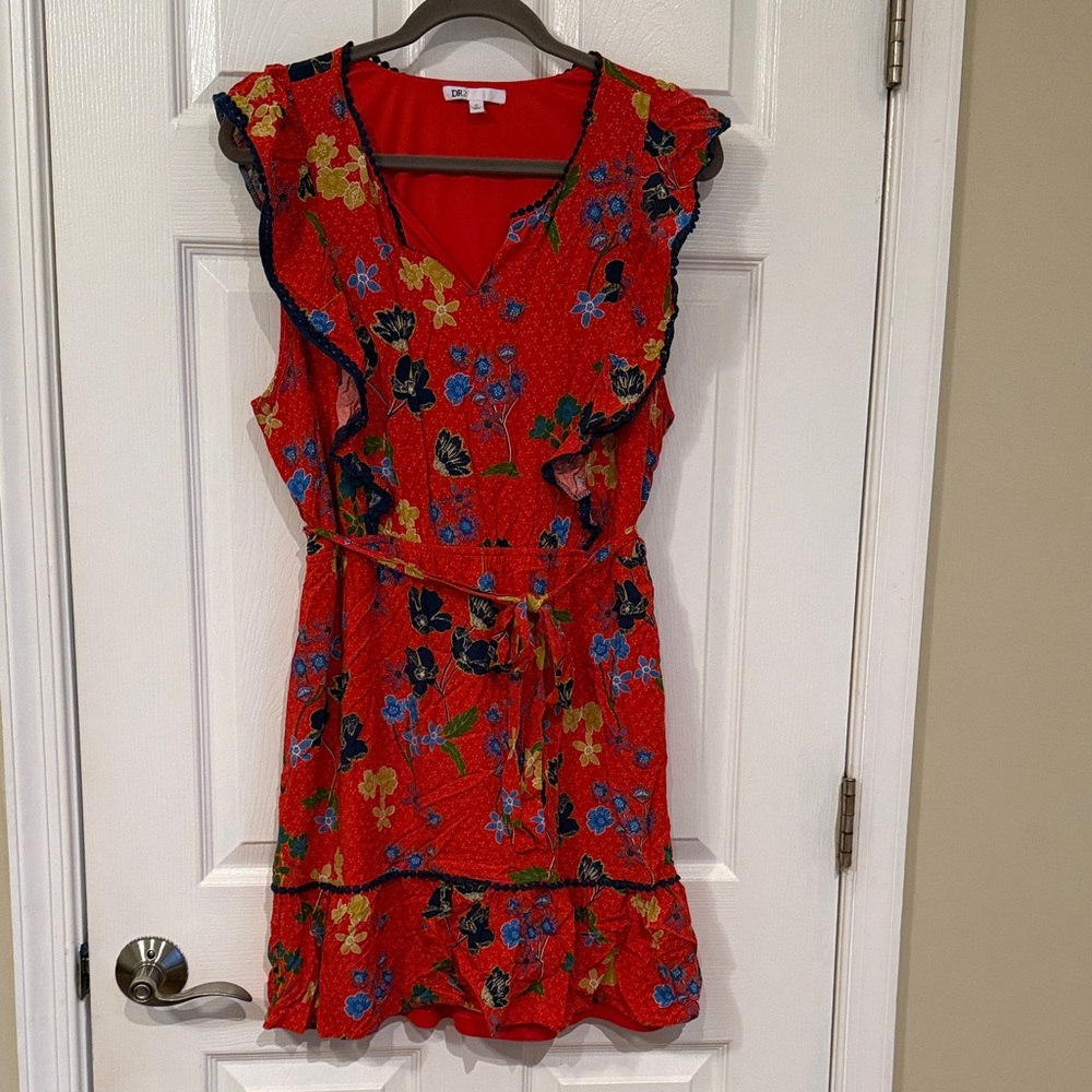 Red-Orange Floral Ruffle Dress with Tie Belt